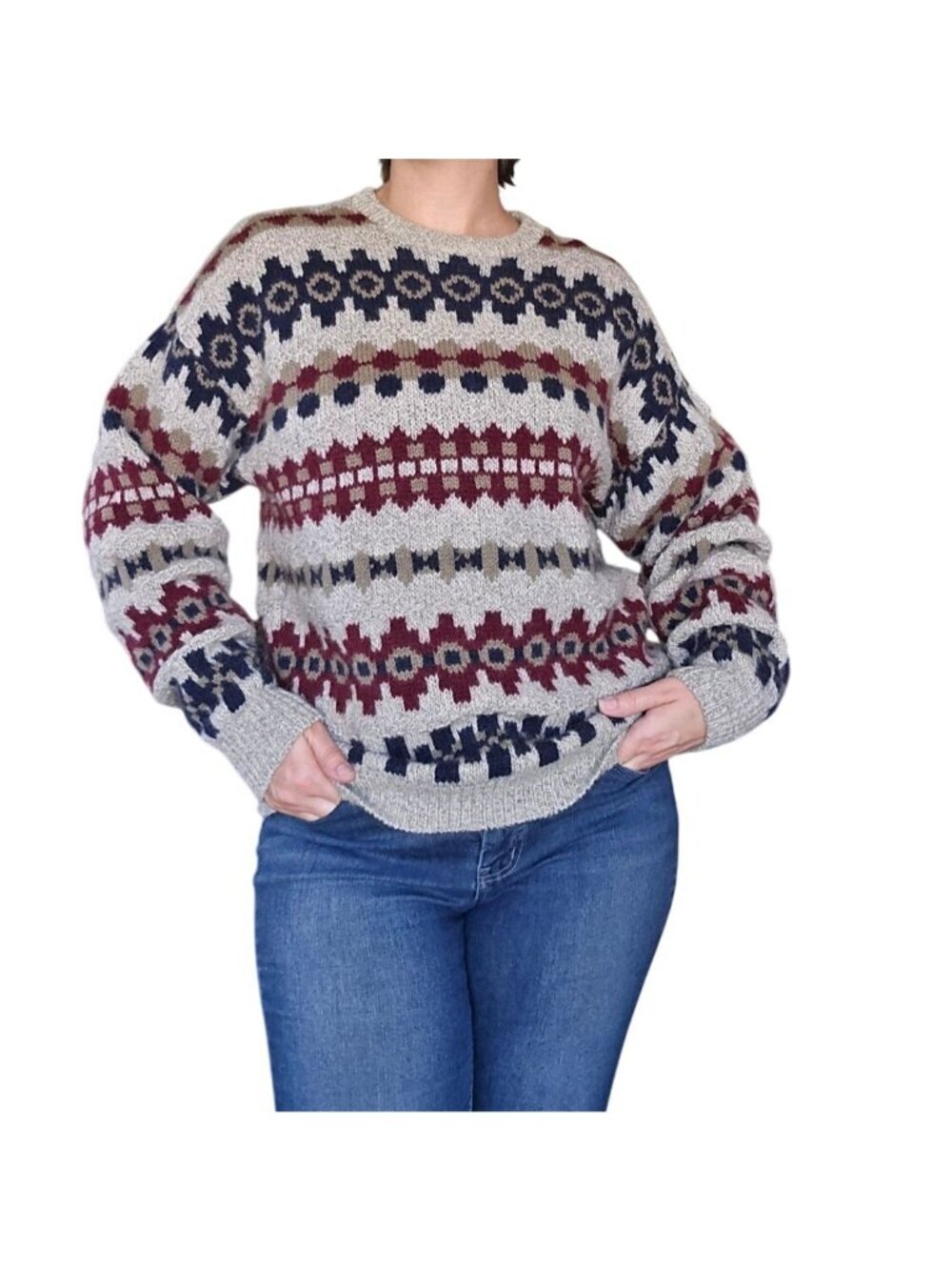 Vintage 80s Eddie Bauer Wool Blend Cosby Sweater Men's Size Large Winter Holiday